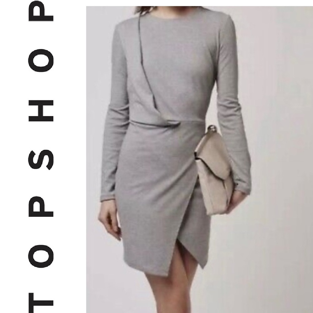 TOPSHOP Womens Gray Long Sleeve Drape Front Jersey Sheath pencil Dress Size 4